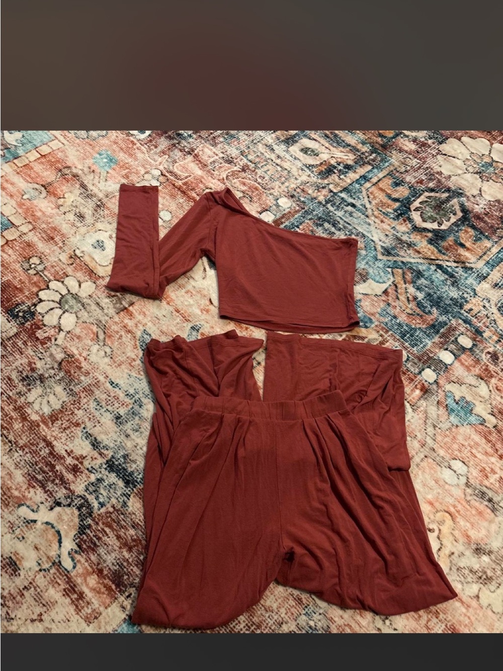 Fashion Nova Women's Rust Red Two-Piece Jumpsuit Set with One-Shoulder Top